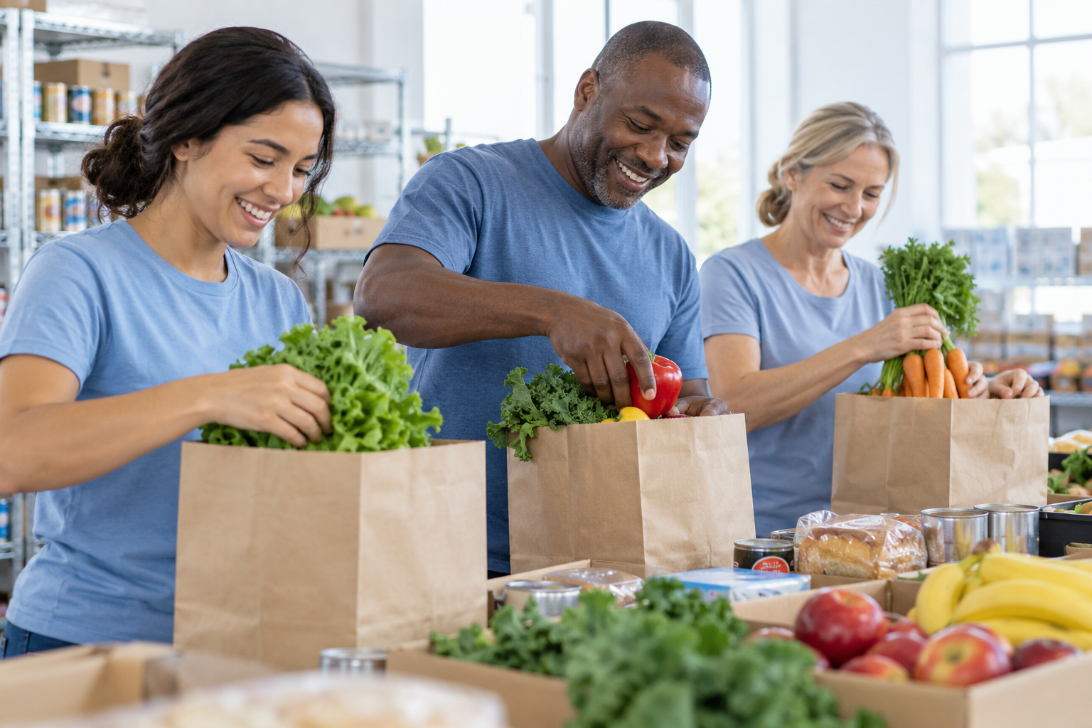 Community volunteers packing fresh groceries at a nonprofit pantry