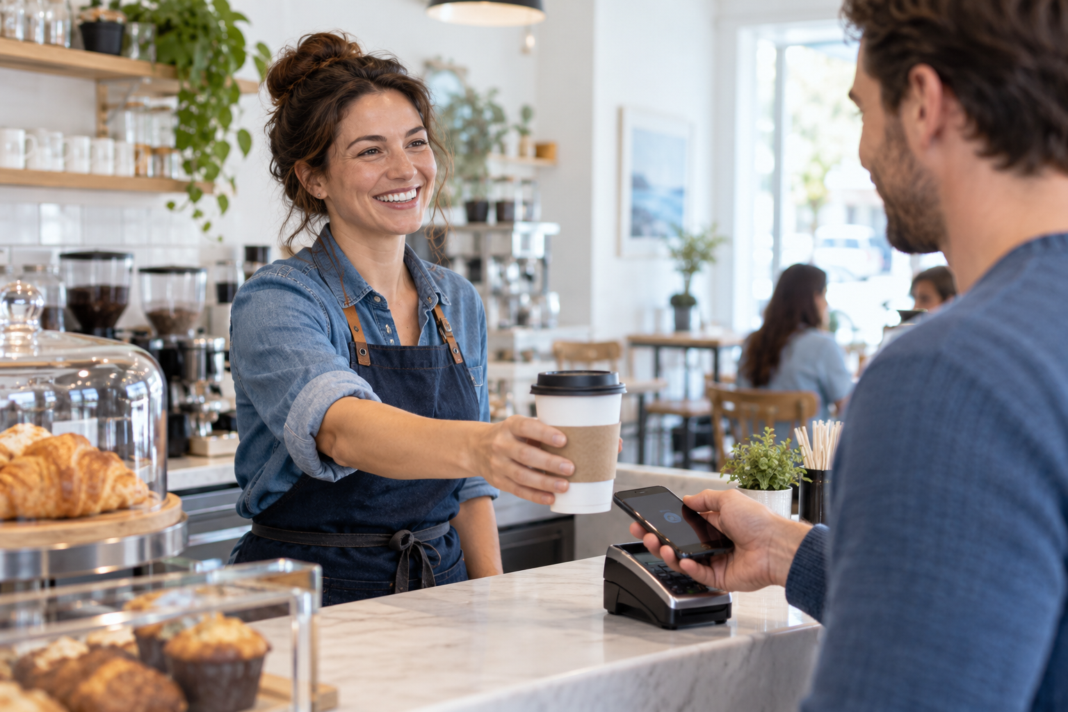 Customer using a smartphone while shopping at a neighborhood cafe